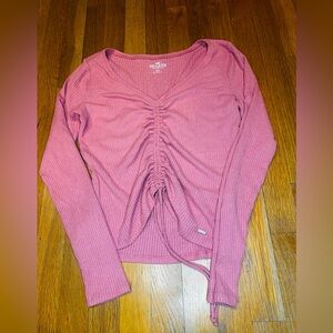 Hollister Pink Ribbed Ruched Drawstring Long Sleeve Top Size L